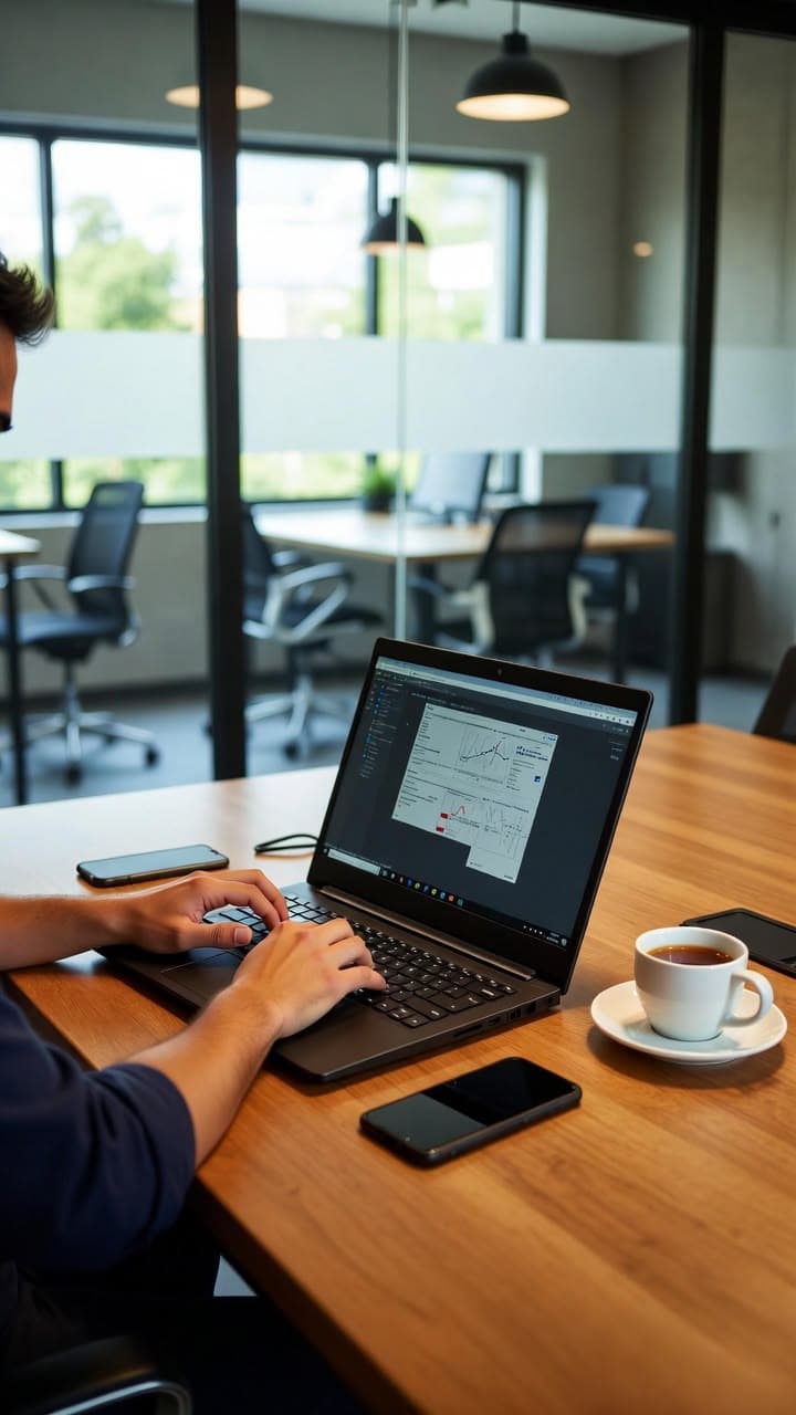 A laptop showing analytics charts in the meeting room